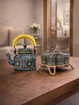 Golden Peacock - Black & Yellow Floral Hand-Painted Kettle Set