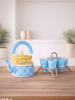 Golden Peacock - Blue Floral Hand-Painted Kettle Set
