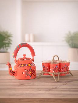Golden Peacock - Peach Floral Hand-Painted Kettle Set