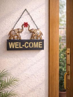 Golden Peacock - Black Welcome Message Elephant Metal Wall Hangings