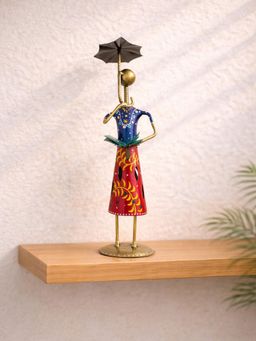 Golden Peacock - Blue Red Colour Hand-Painted Lady With Umbrella Showpiece