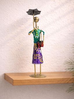 Golden Peacock - Green Colour Hand-Printed Lady With Umbrella Showpiece