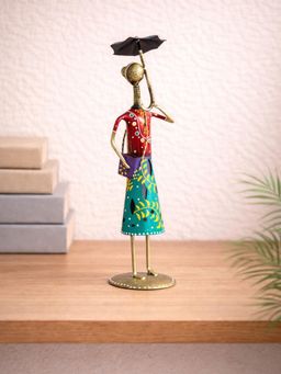 Golden Peacock - Gold-Toned Red Colour Lady With Umbrella Hand-Painted Metal Showpiece