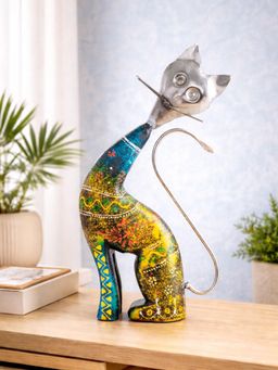 Golden Peacock - Yellow Silver-Toned Handcrafted Cat Shaped Showpiece