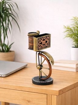 Golden Peacock - Copper Toned Antique handcrafted Iron Cycle Pen Stand Table Decor