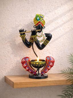 Golden Peacock - Black Krishna Shaped Candle Holder