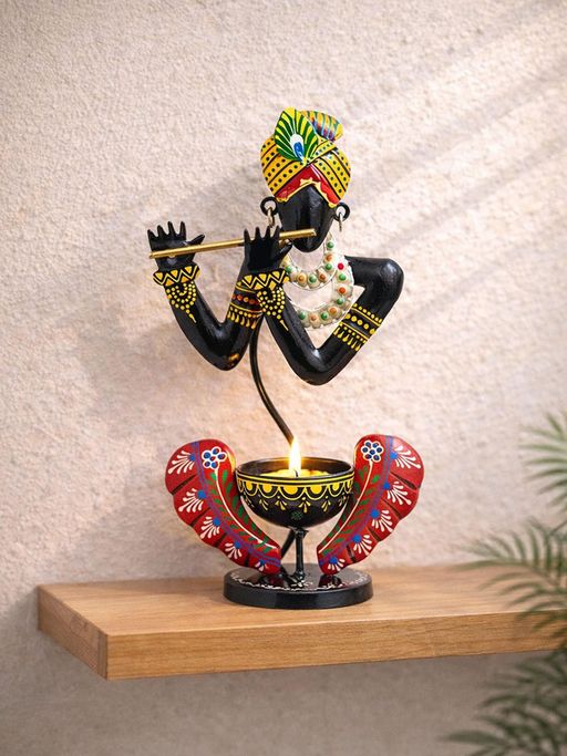Golden Peacock Black Krishna Shaped Candle Holder