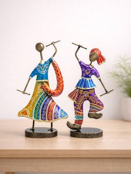 Golden Peacock - Set Of 2 MultiColour Couple Playing Dandia Garba Showpieces