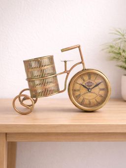 Golden Peacock - Antique handcrafted Iron Clock With Cycle Pen Stand