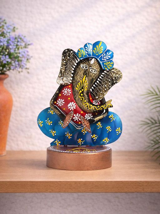 Golden Peacock Blue Red Handcrafted Ganesha Showpiece