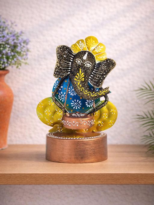 Golden Peacock Yellow Blue Handcrafted Ganesha Showpiece