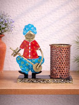 Golden Peacock - Blue Red Musician Handcrafted Pen Stand and Visting Card Holder