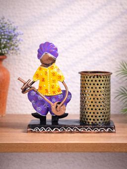 Golden Peacock - Yellow Purple Musician Handcrafted Pen Stand and Visting Card Holder