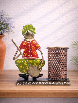 Golden Peacock - Green Orange Musician Handcrafted Pen Stand and Visting Card Holder