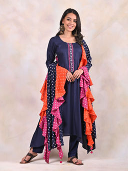Rustorange - Navy Blue Kurta and Pant with Tiered Bandhani Dupatta (Set of 3)