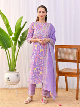 Rustorange - Lavender Ikat Inspired Kurta with Pant and Dupatta (Set of 3)