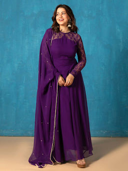 NUD - Diva Purple Illusion Neck Anarkali Kurta with Dupatta (Set of 2)