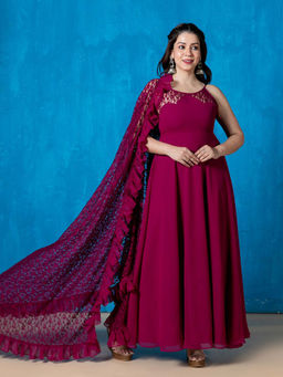 NUD - Garnet Maroon Partial Sheer Anarkali Kurta with Dupatta (Set of 2)
