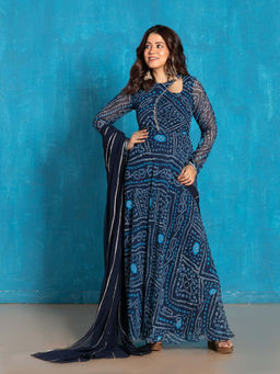 NUD - Navy Blue Bandani Anarkali Kurta with Dupatta (Set of 2)