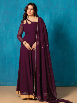 NUD - Plum Wine Petal Neck Anarkali Kurta with Dupatta (Set of 2)