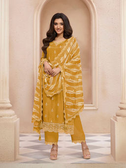 Seerat - Mustard Embroidery Silk Straight Kurta with Pant and Printed Dupatta (Set of 3)