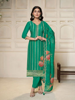 Seerat - Green Floral Applique Jacquard Kurta with Pant and Dupatta (Set of 3)