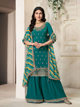 Seerat - Green Embroidered Top with Sharara and Printed Dupatta (Set of 3)