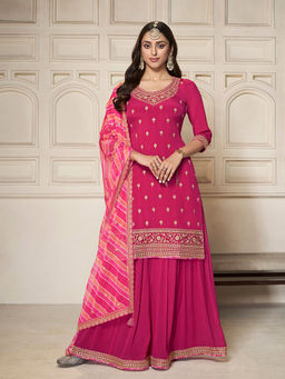 Seerat - Pink Embroidered Top with Sharara and Printed Dupatta (Set of 3)