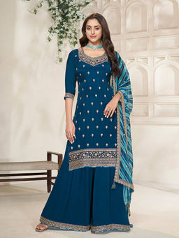 Seerat - Blue Embroidered Top with Sharara and Printed Dupatta (Set of 3)