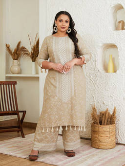 Rustorange - Beige Embroidered Kurta with Palazzo (Set of 2)
