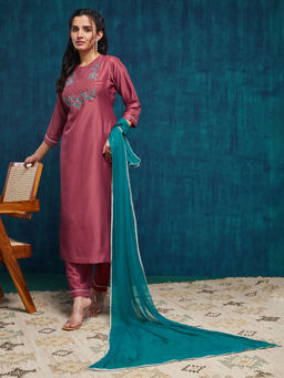 SANSKAR - Pink Silk Blend Embroidered Kurta and Pant with Dupatta (Set of 3)