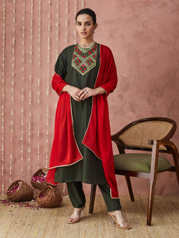 SANSKAR - Green Silk Blend Embroidered Kurta and Pant with Dupatta (Set of 3)