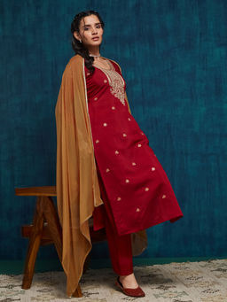 SANSKAR - Red Silk Blend Embroidered Kurta and Pant with Dupatta (Set of 3)