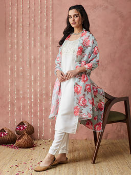 SANSKAR - White Silk Embellished Round Neck Kurta and Pant with Dupatta (Set of 3)