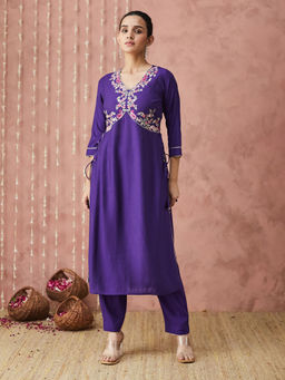 SANSKAR - Purple Silk Blend Embroidered Kurta and Pant (Set of 2)