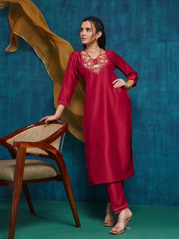 SANSKAR - Red Silk Blend Embroidered Kurta and Pant with Dupatta (Set of 3)