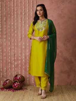 SANSKAR - Yellow Silk Blend Embroidered Kurta and Pant with Dupatta (Set of 3)