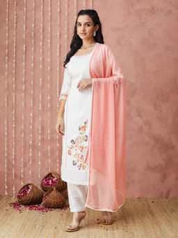 SANSKAR - White Silk Blend Embroidered Kurta and Pant with Dupatta (Set of 3)