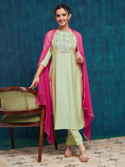 SANSKAR - Lime Green Silk Blend Embroidered Kurta and Pant with Dupatta (Set of 3)