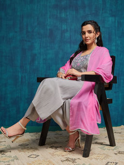 SANSKAR - Grey Silk Blend Square Neck Kurta and Pant with Dupatta (Set of 3)