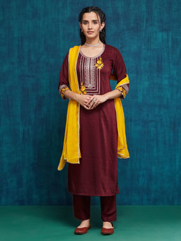 SANSKAR - Maroon Silk Blend Embroidered Round Neck Kurta and Pant with Dupatta (Set of 3)