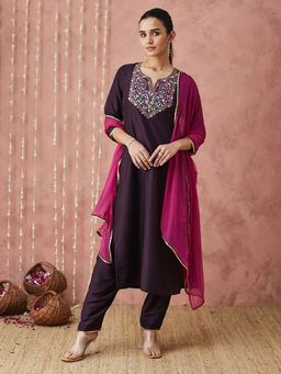 SANSKAR - Wine Silk Blend Embroidered Kurta and Pant with Dupatta (Set of 3)