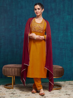 SANSKAR - Mustard Silk Blend Embroidered Kurta and Pant with Dupatta (Set of 3)