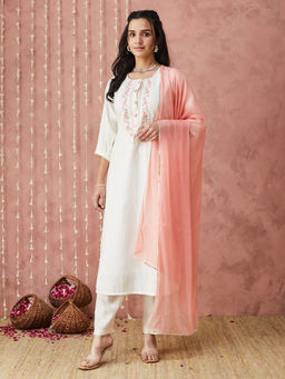 SANSKAR - White Silk Blend Embroidered Kurta and Pant with Dupatta (Set of 3)