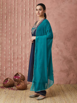 SANSKAR - Navy Blue Silk Blend Embroidered Kurta and Pant with Dupatta (Set of 3)