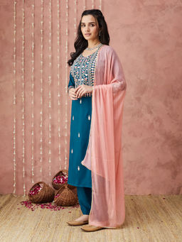 SANSKAR - Blue Silk Blend Embroidered Kurta and Pant with Dupatta (Set of 3)