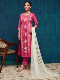 SANSKAR - Pink Silk Blend Embroidered Kurta and Pant with Dupatta (Set of 3)