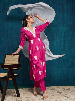 SANSKAR - Pink Silk Blend Embroidered V-Neck Kurta and Pant with Dupatta (Set of 3)