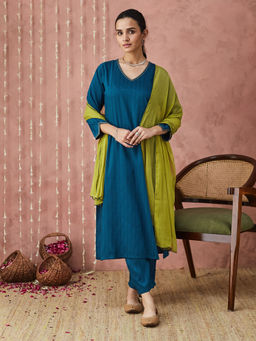 SANSKAR - Blue Chanderi Sequence V Neck Straight Kurta and Pant with Dupatta (Set of 3)