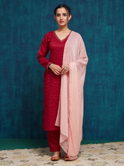 SANSKAR - Red Chanderi Sequence V Neck Straight Kurta and Pant with Dupatta (Set of 3)